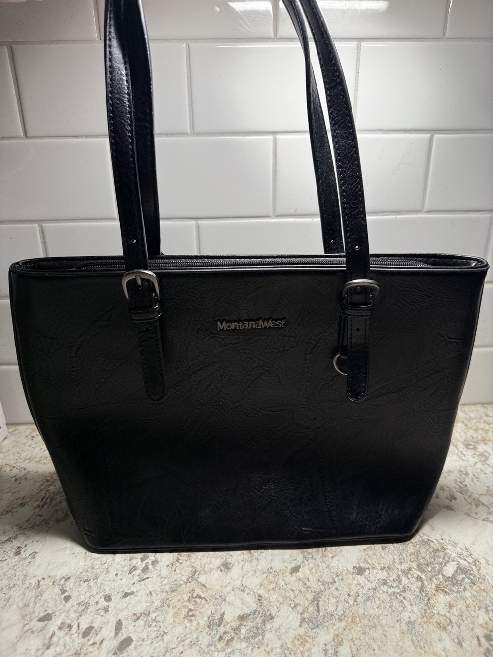 Montana West Black Faux Leather Tote with Buckle Straps